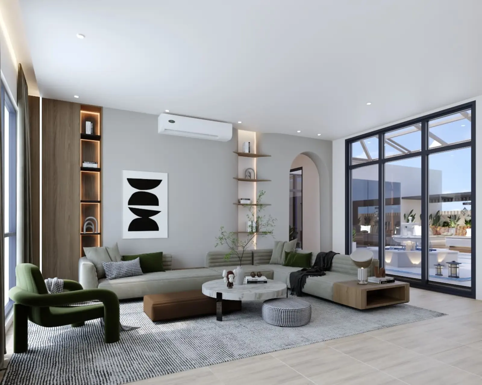 تشطيب مجلس مودرن في الرياض بتصميم داخلي أنيق يشمل إضاءة مخفية وديكور خشبي وإطلالة على السطح