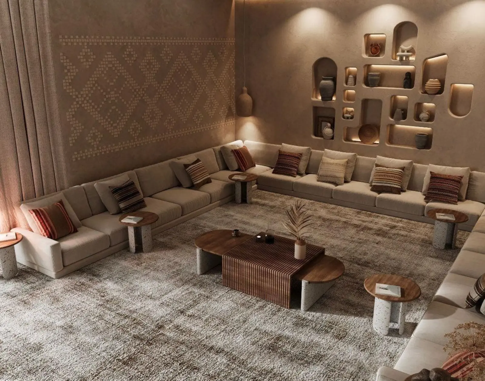 تشطيب مجلس مقلط في الرياض بتصميم داخلي أنيق يشمل إضاءة مخفية وديكور خشبي وإطلالة على السطح