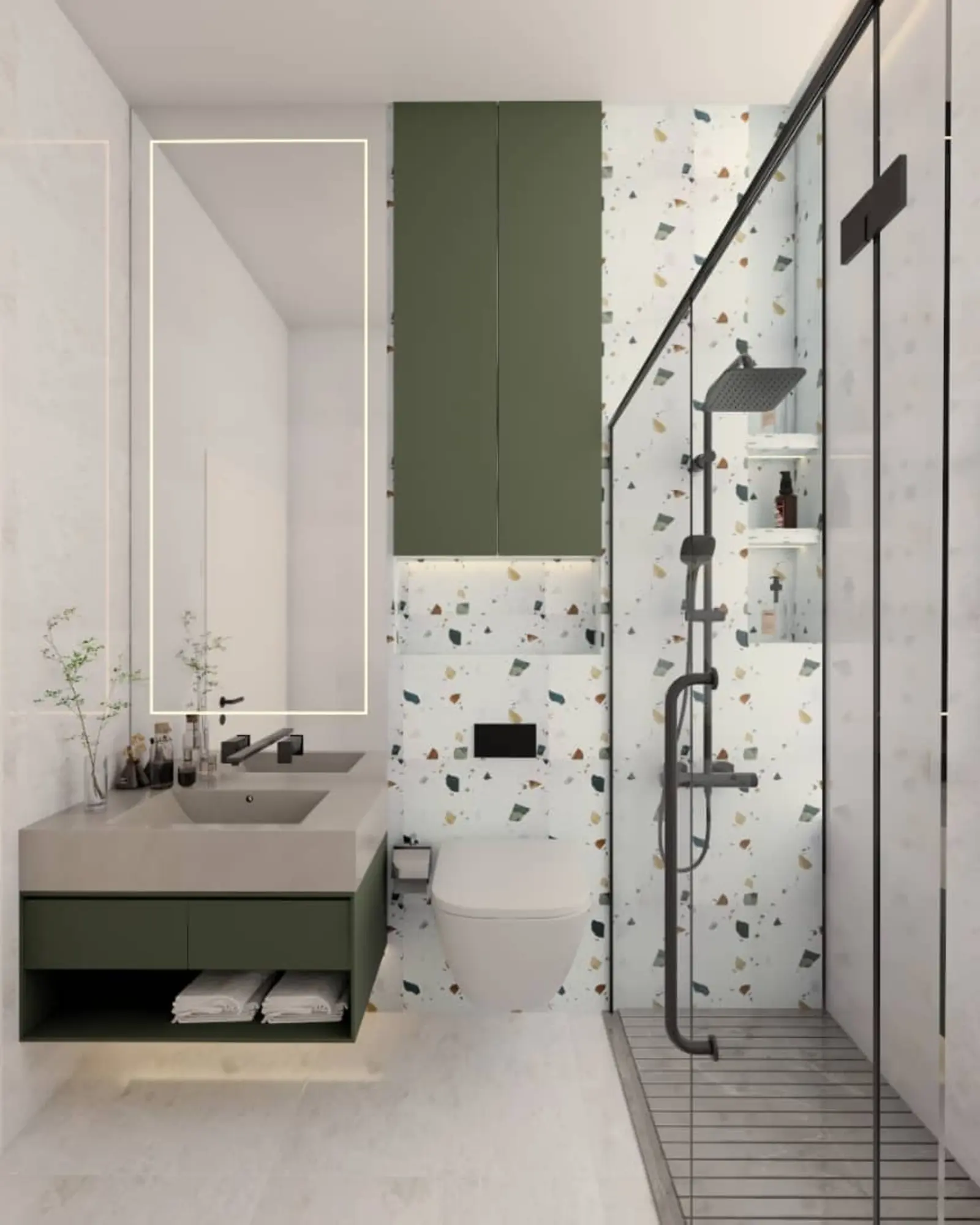 تصميم حمام مودرن فاخر في الرياض مع شاور زجاجي وإضاءة مخفية وبلاط تيرازو وتشطيب عالي الجودة