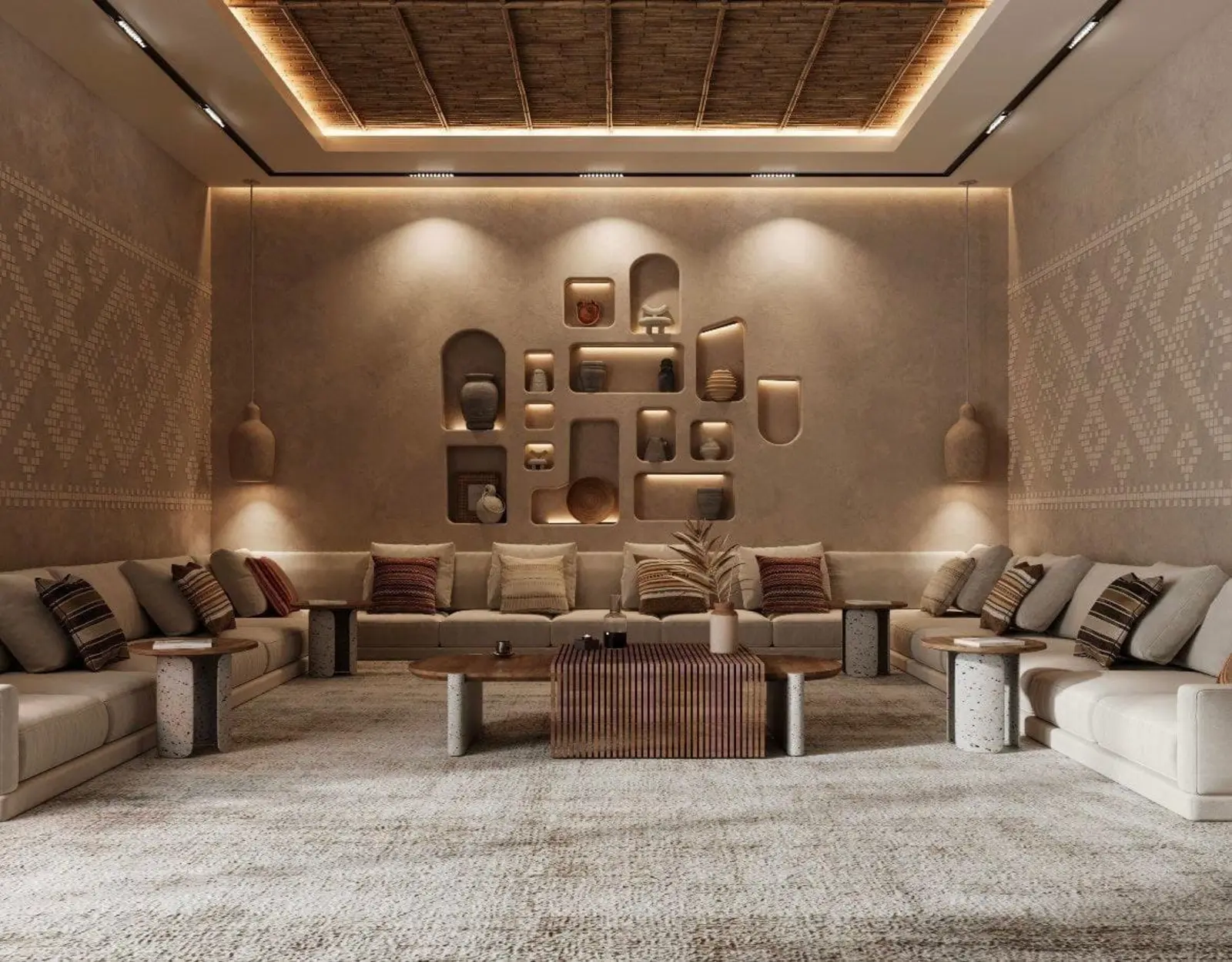 تشطيب مجلس مقلط في الرياض بتصميم داخلي أنيق يشمل إضاءة مخفية وديكور خشبي وإطلالة على السطح